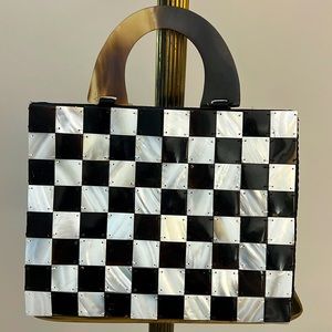 Retro Black White Checkered Purse Buffalo Bone Mother of Pearl